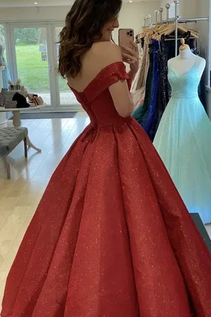 A Line Off Shoulder Red Satin Long Prom Dresses, Off The Shoulder Red Long Formal Evening Dresses