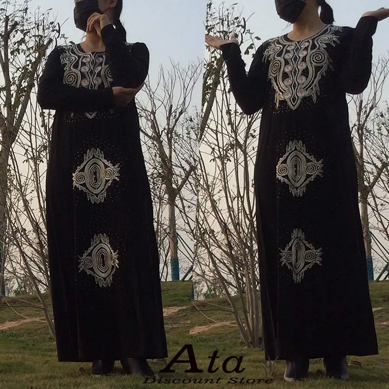 African Dubai Muslim Women's Knitted Black Embroidered Abaya Dress