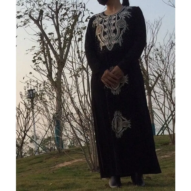 African Dubai Muslim Women's Knitted Black Embroidered Abaya Dress