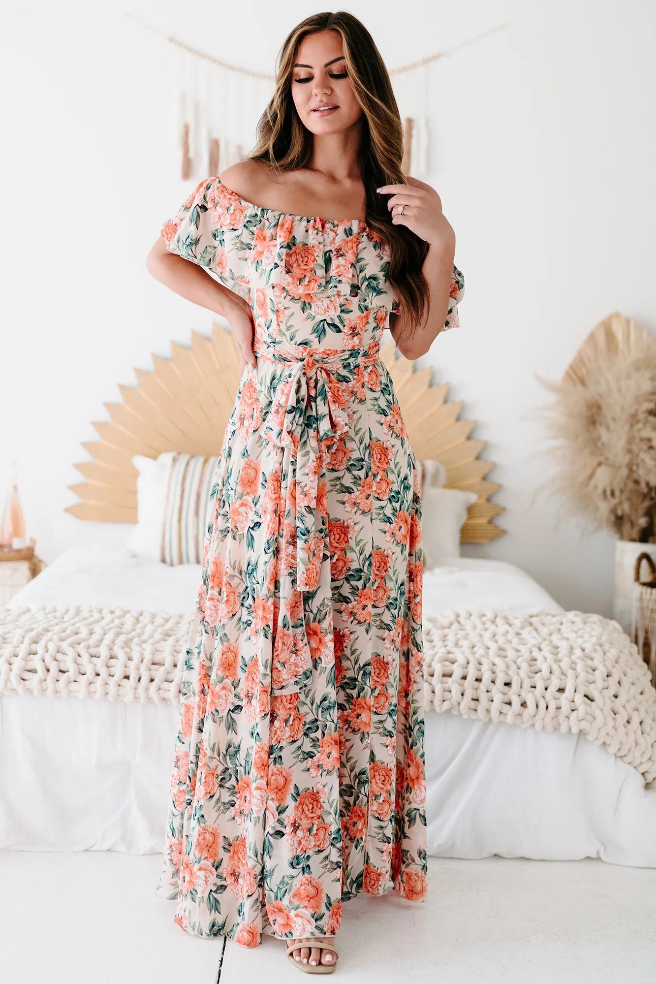 All My Adoration Off The Shoulder Floral Maxi Dress (Taupe)