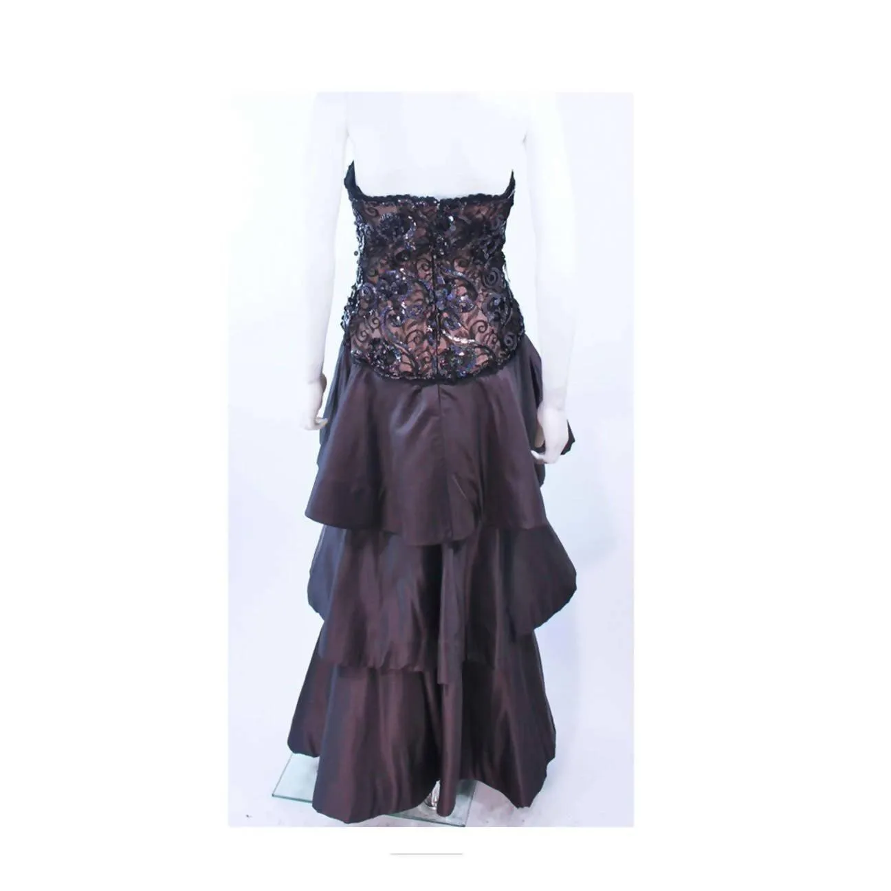 ARNOLD SCAASI 1980's Black Lace Sequin Tiered Gown | US 4/6