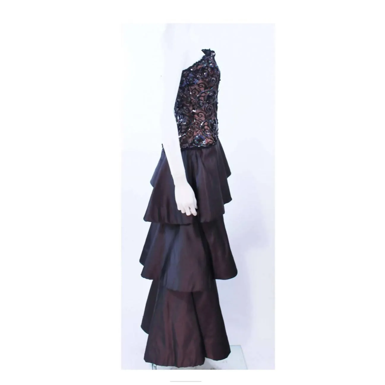 ARNOLD SCAASI 1980's Black Lace Sequin Tiered Gown | US 4/6