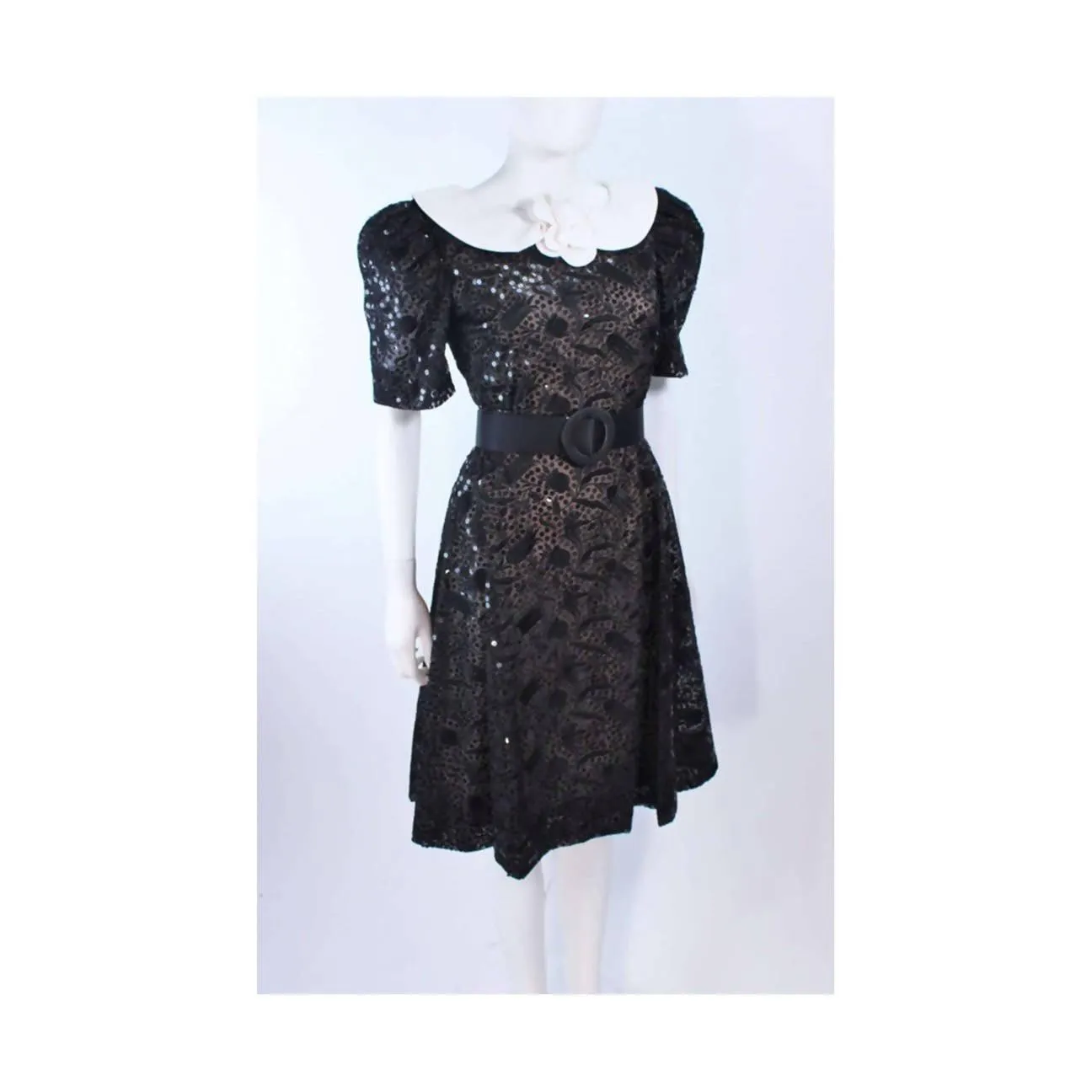 ARNOLD SCAASI Belle De Jour Black Sequin Lace Cocktail Dress | Size US 10