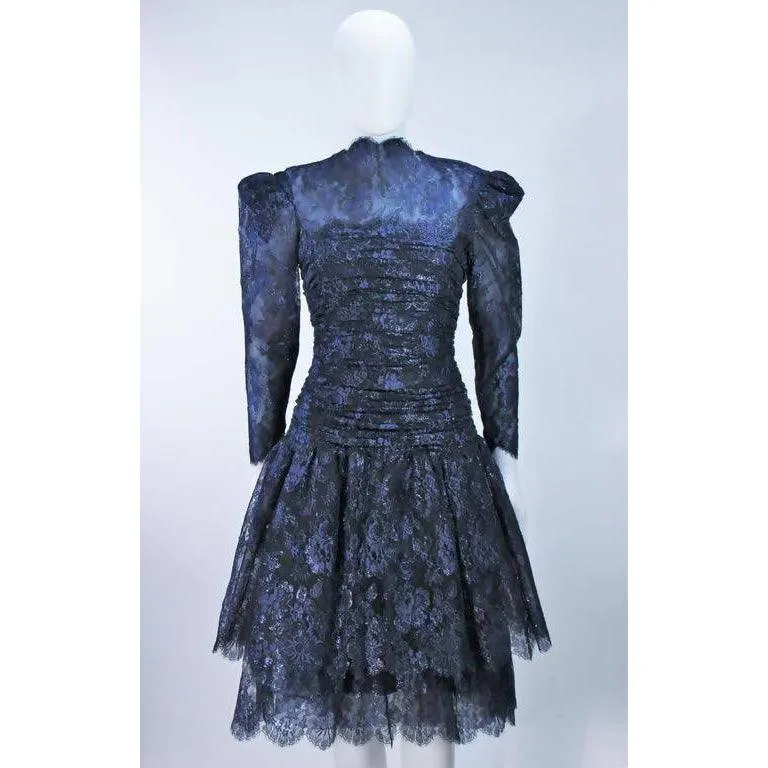 ARNOLD SCAASI Metallic Navy Blue Lace Dress | US 8-10