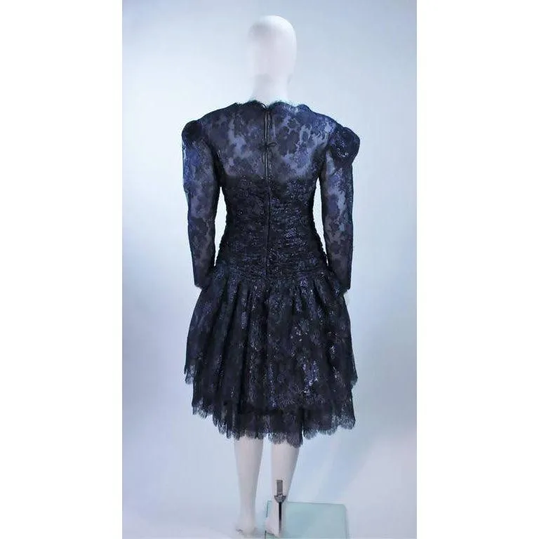 ARNOLD SCAASI Metallic Navy Blue Lace Dress | US 8-10