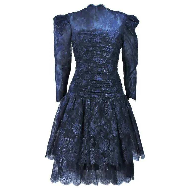 ARNOLD SCAASI Metallic Navy Blue Lace Dress | US 8-10