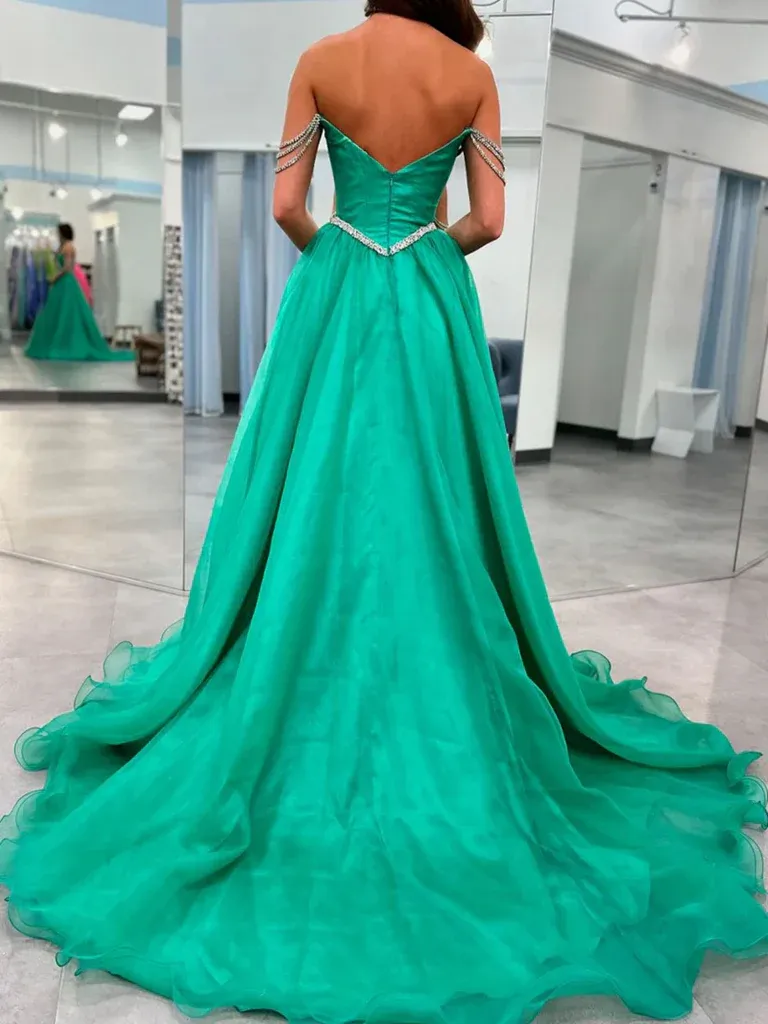 Beaded Green Off The Shoulder Green Long Prom Dresses with High Slit, Off Shoulder Beaded Green Long Formal  Evening Graduation Dresses