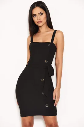 Black Button Front Tie Waist Dress