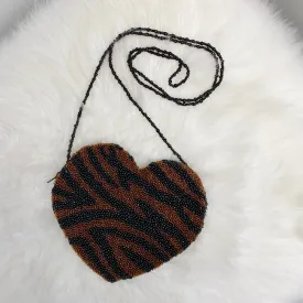 BROWN AND BLACK HANDMADE BEADED TIGER HEART CHAIN CROSSBODY