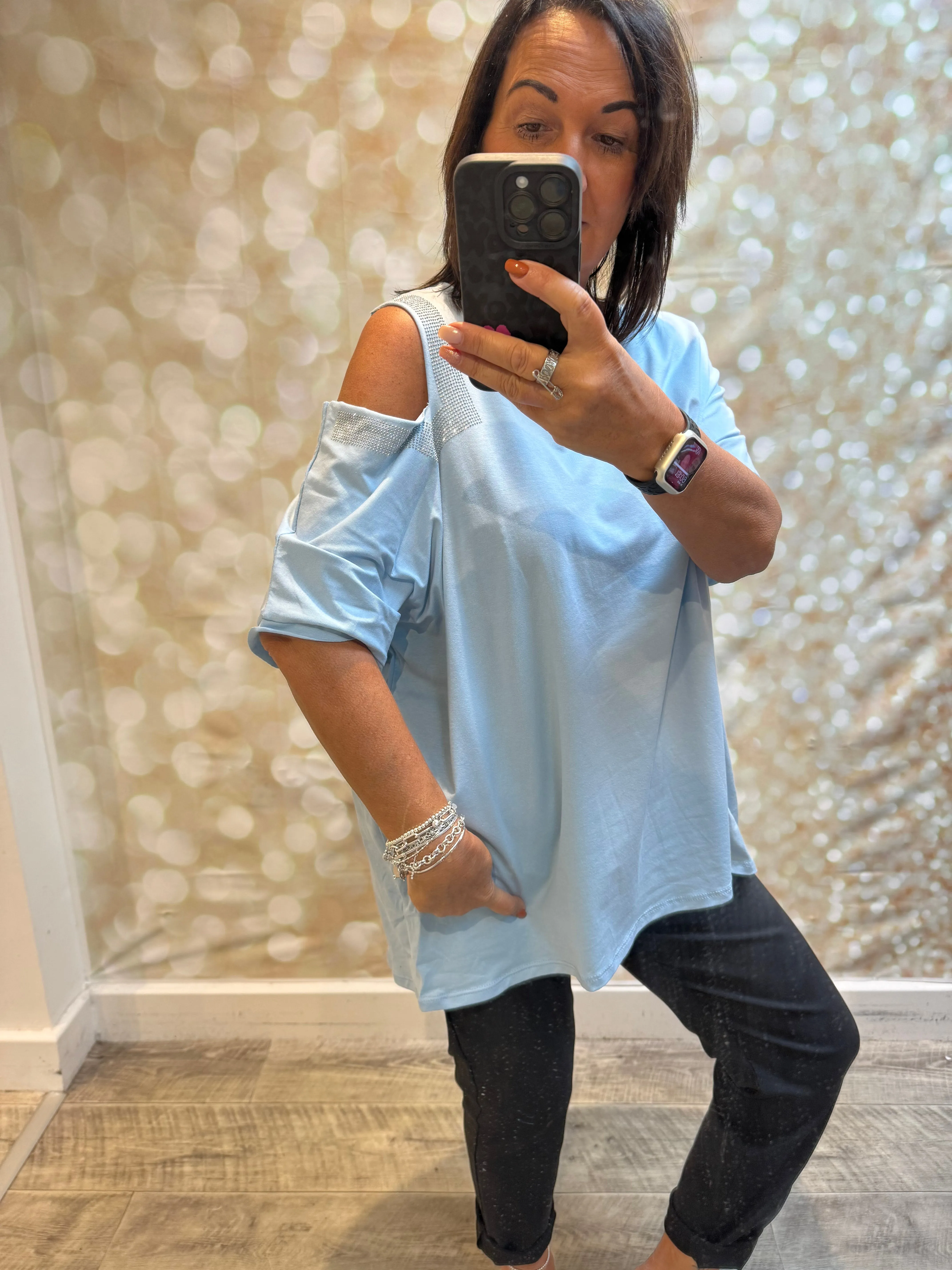 Cold Shoulder diamante trim top