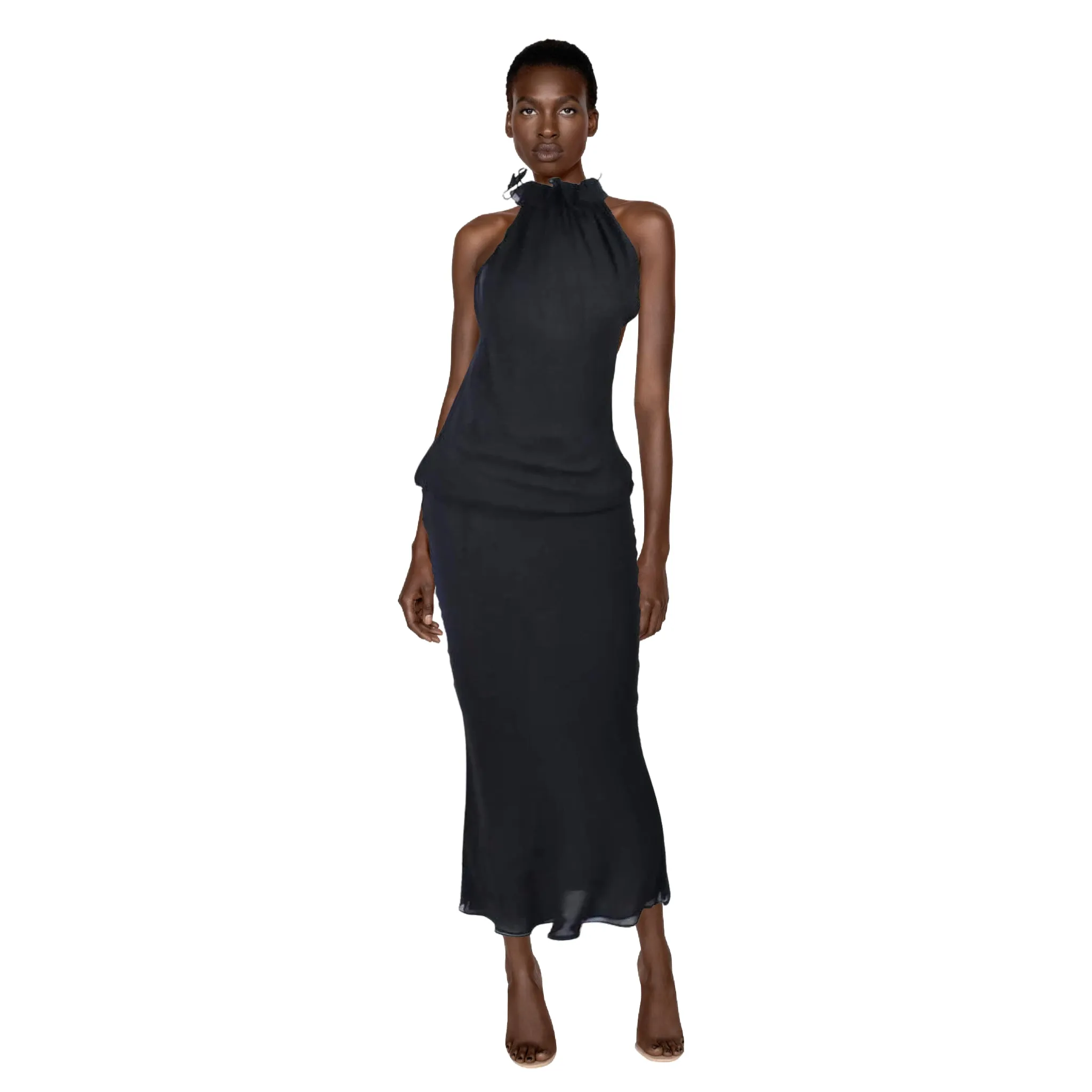 EMANUEL UNGARO Black Silk Chiffon Halter Dress | Size 42