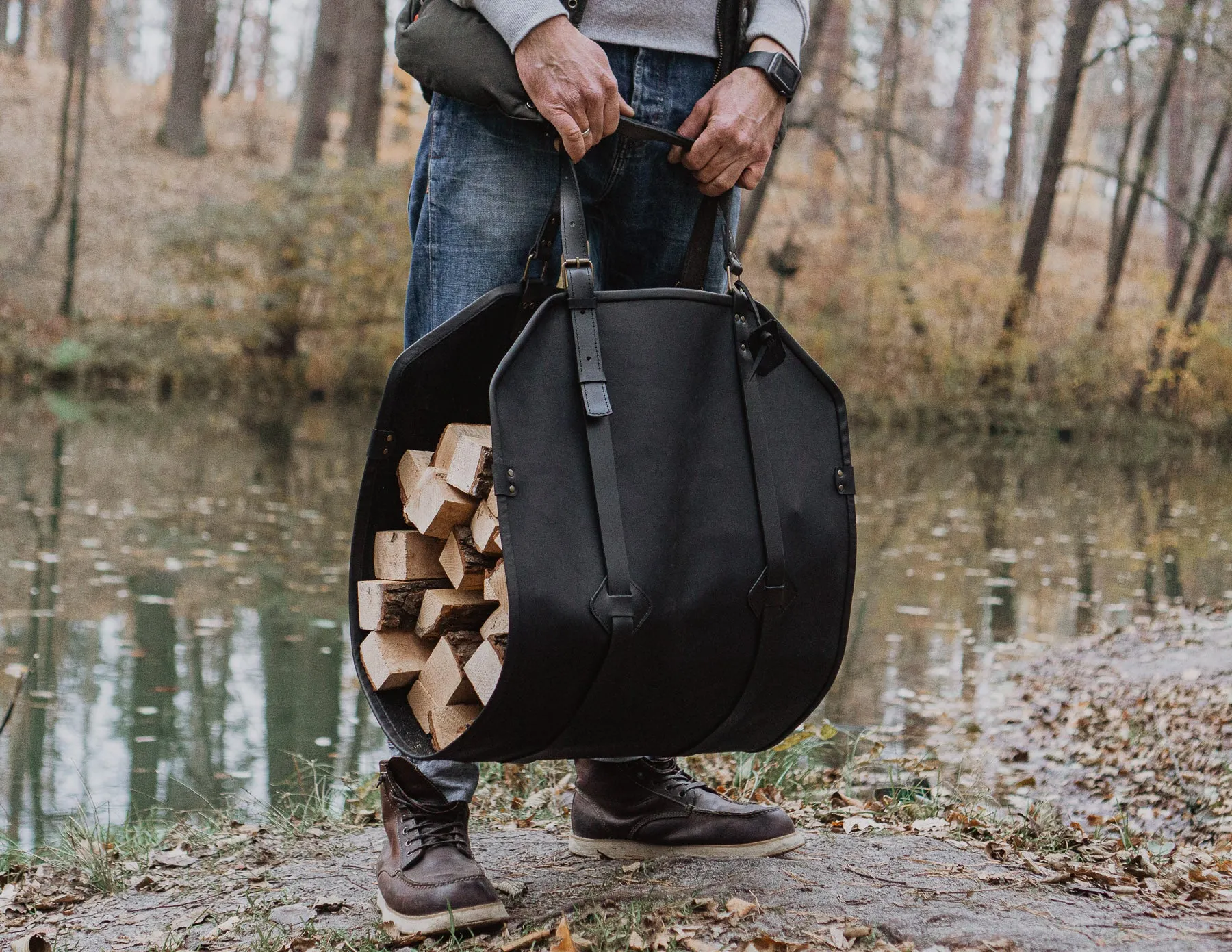 Firewood Log Carrier | Black Leather | Handcrafted | Personalised Gift