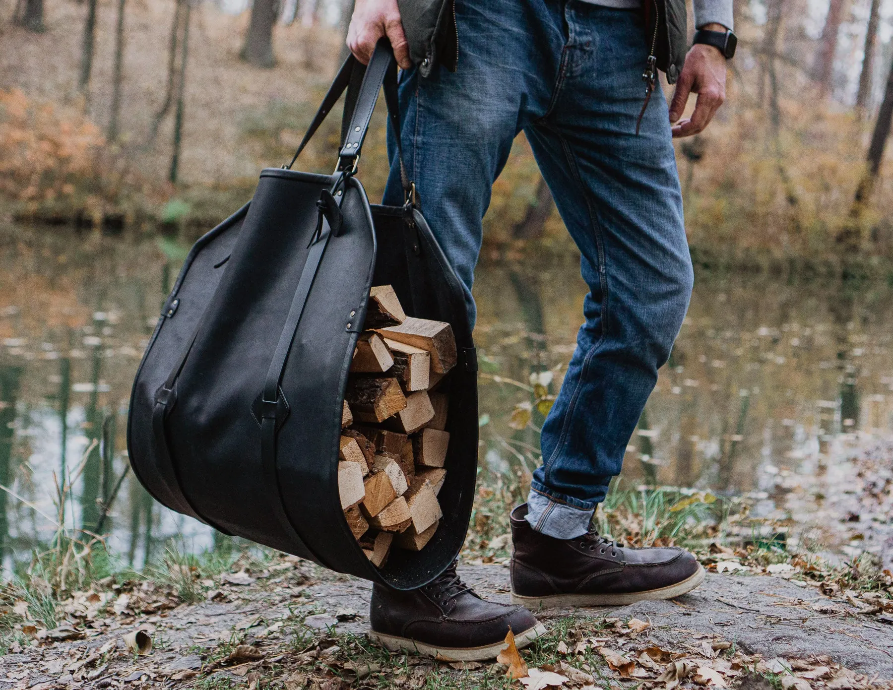 Firewood Log Carrier | Black Leather | Handcrafted | Personalised Gift