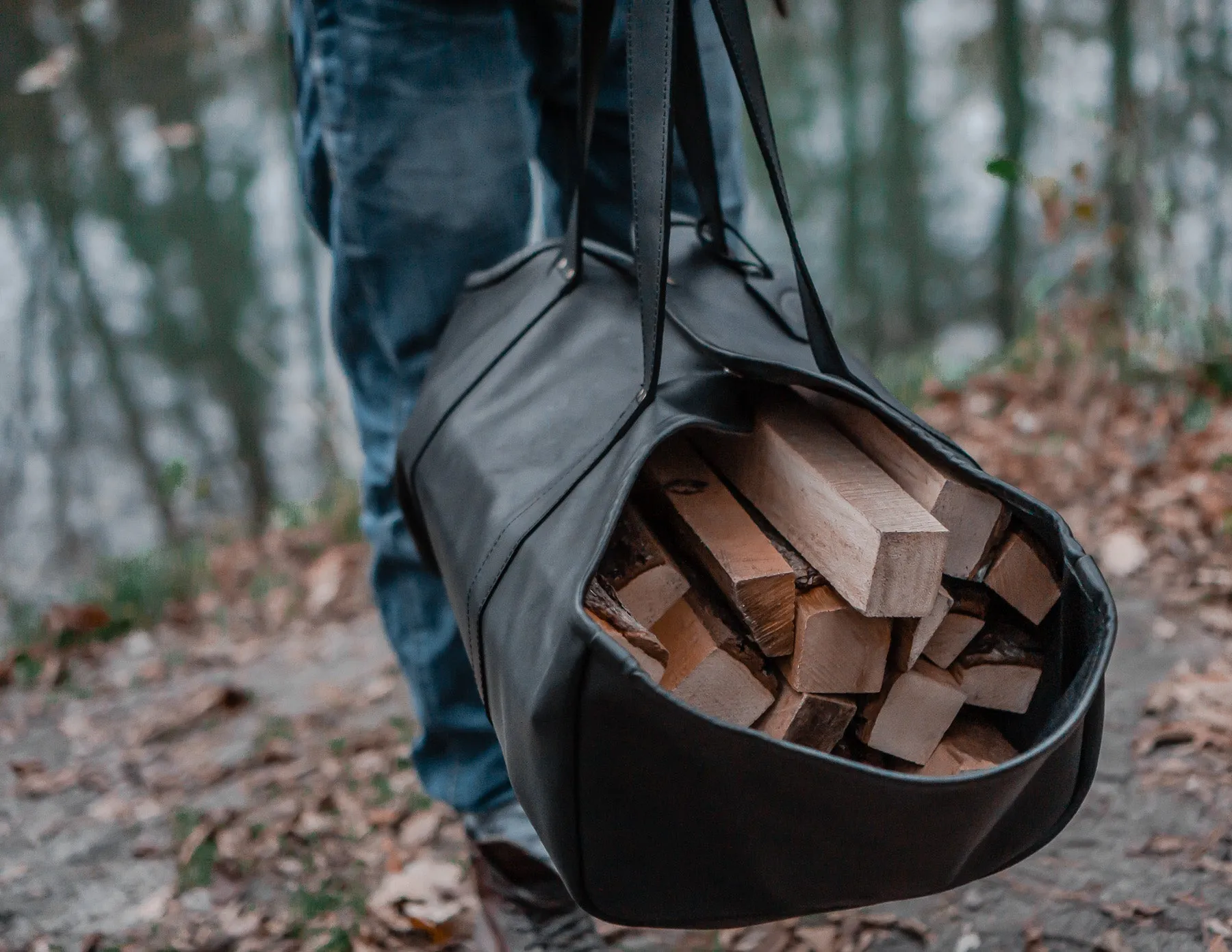 Log Firewood Carrier with sides | Black Log Tote Bag | HandMade