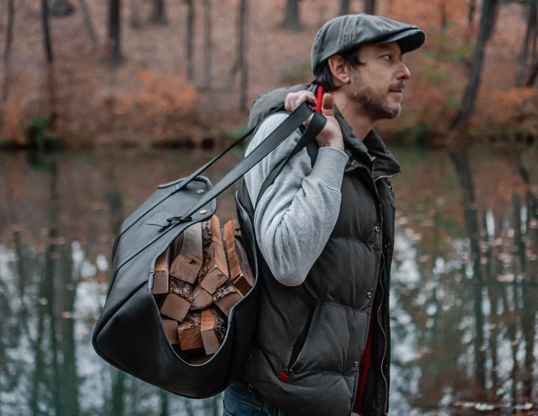 Log Firewood Carrier with sides | Black Log Tote Bag | HandMade