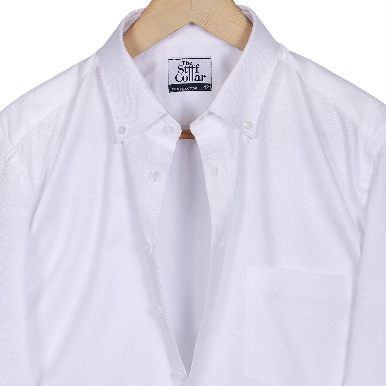 Luthai Absolute White Herringbone Button Down 2 Ply Premium Giza Cotton Shirt