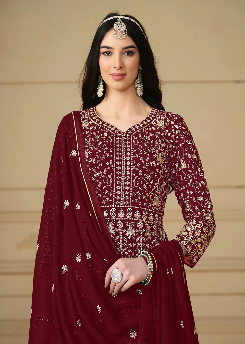 Maroon Embroidered Trendy Style Anarkali Suit