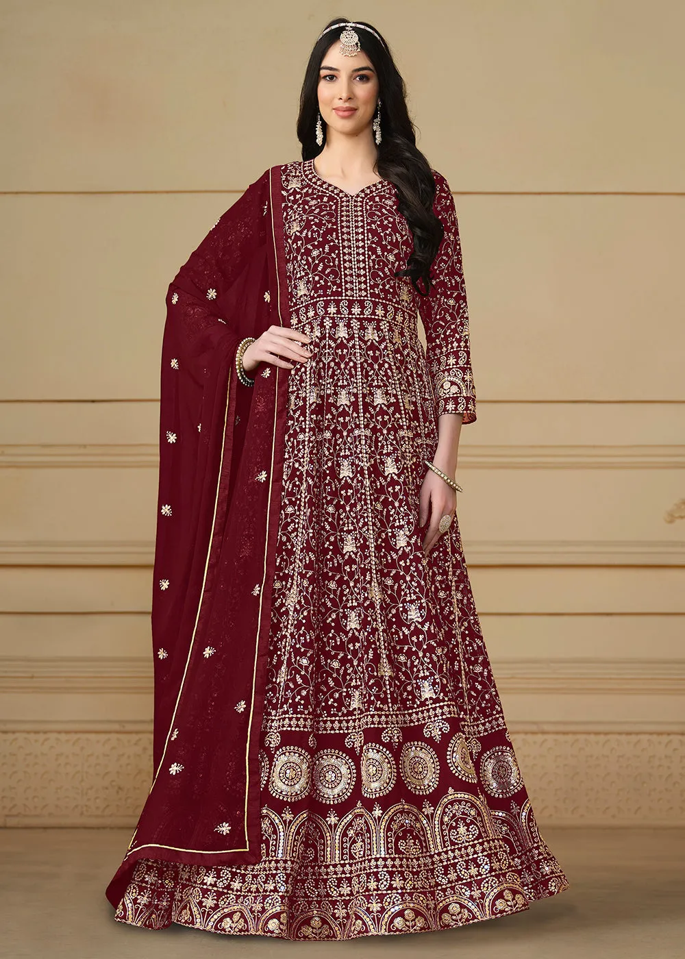 Maroon Embroidered Trendy Style Anarkali Suit