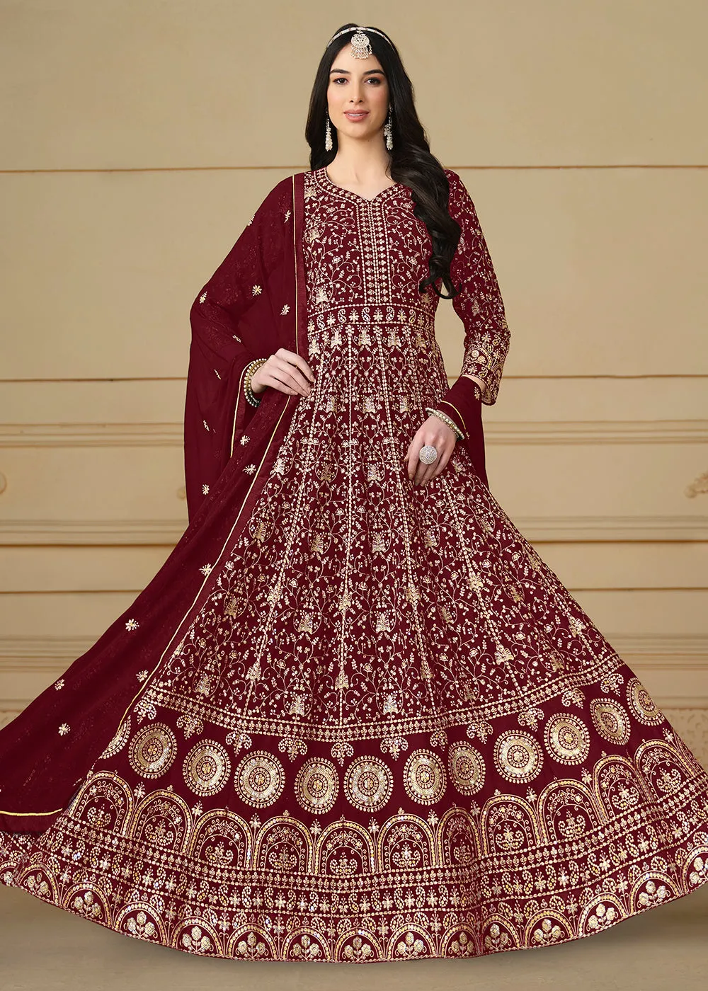 Maroon Embroidered Trendy Style Anarkali Suit