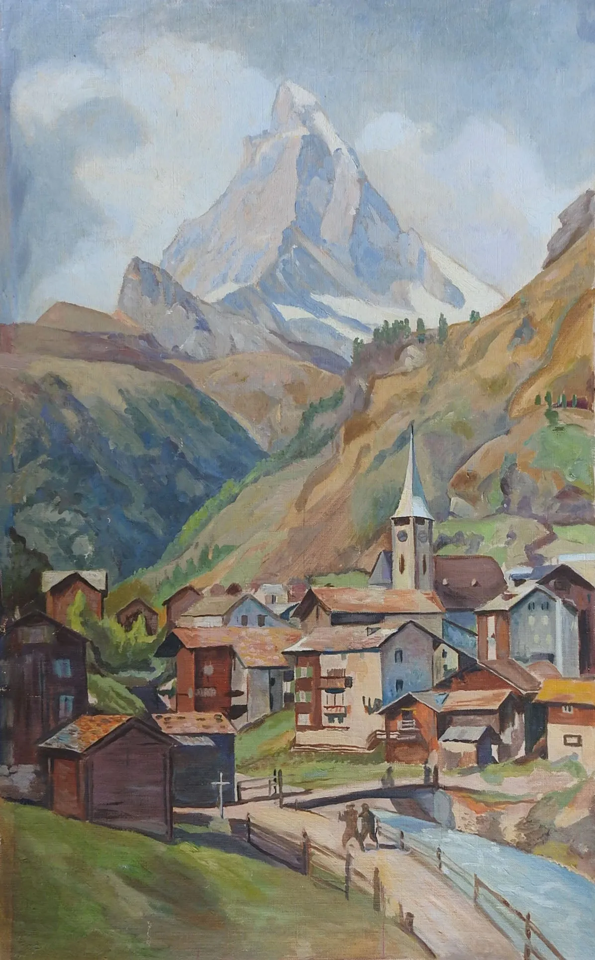 Mid Century Painting European Mountain Village