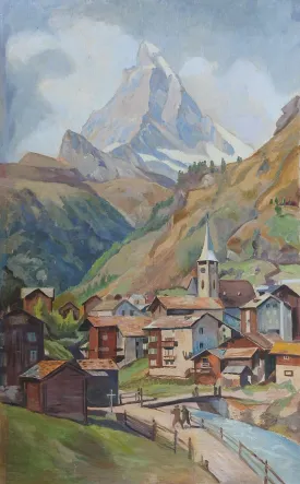 Mid Century Painting European Mountain Village