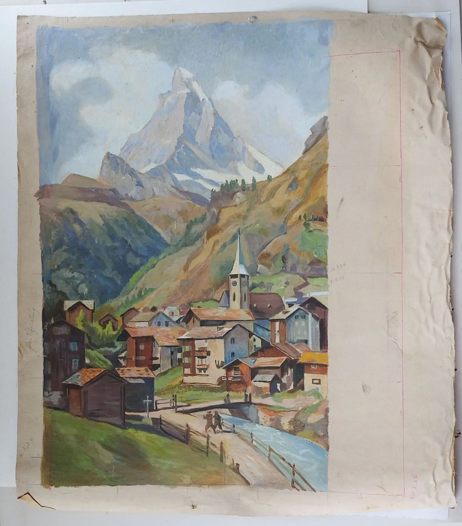 Mid Century Painting European Mountain Village