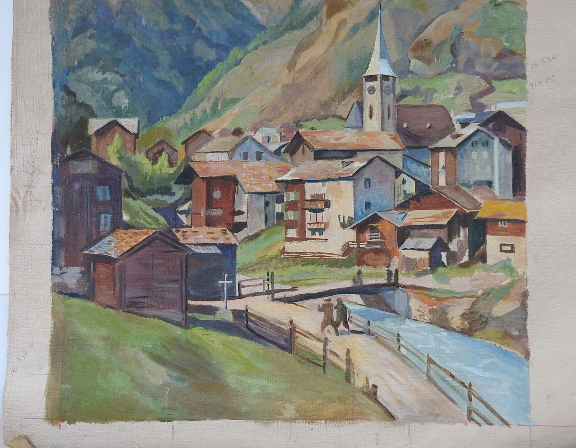 Mid Century Painting European Mountain Village