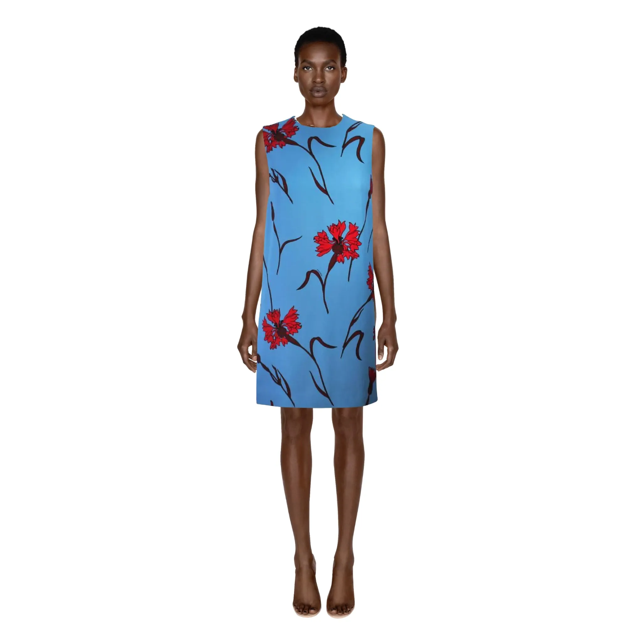 Miu Miu Blue Shift Dress with Red Floral Print | 36