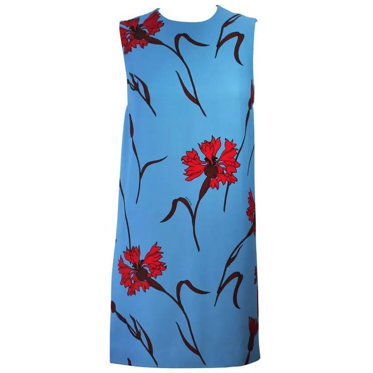 Miu Miu Blue Shift Dress with Red Floral Print | 36