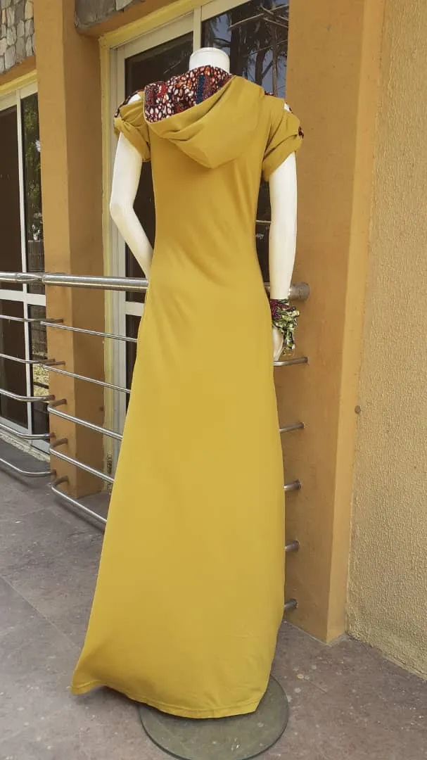 MUSTARD MAXI LOVE LAGOS HOODED DRESS, ANKARA DETAIL