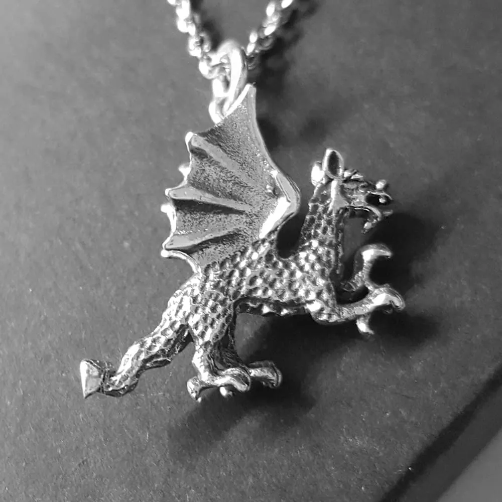 NEW: Gothic Winged Dragon Necklace, Sterling Silver 3D Dragon Pendant With Chain