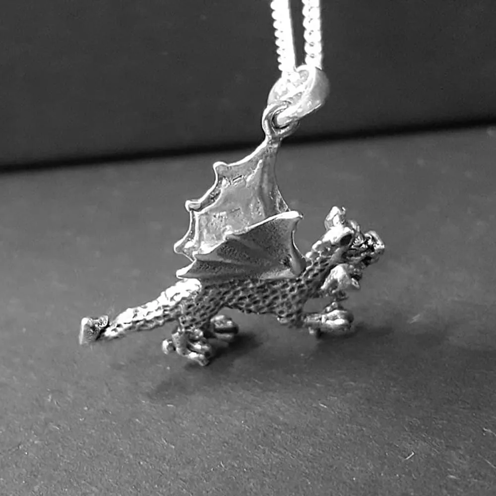 NEW: Gothic Winged Dragon Necklace, Sterling Silver 3D Dragon Pendant With Chain