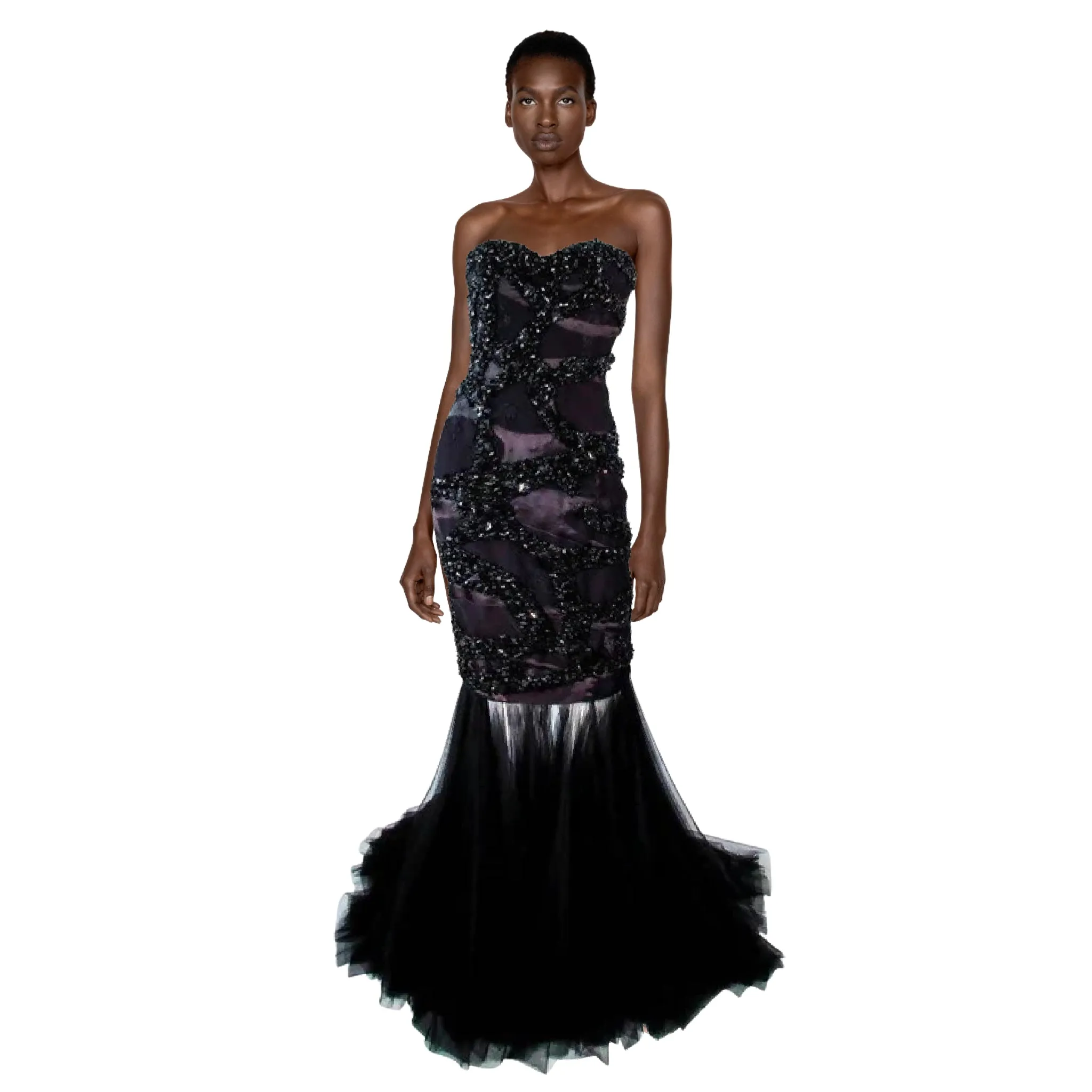 TONY WARD Black Beaded Mesh Gown | US 2-4