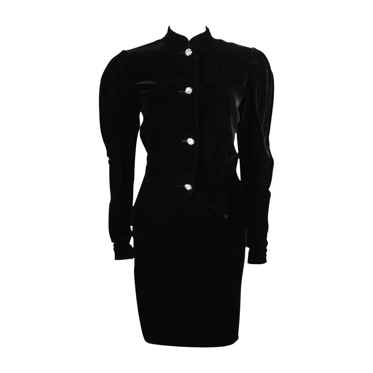 VICKY TIEL Velvet Black Skirt Suit with Rhinestone Buttons | Size S