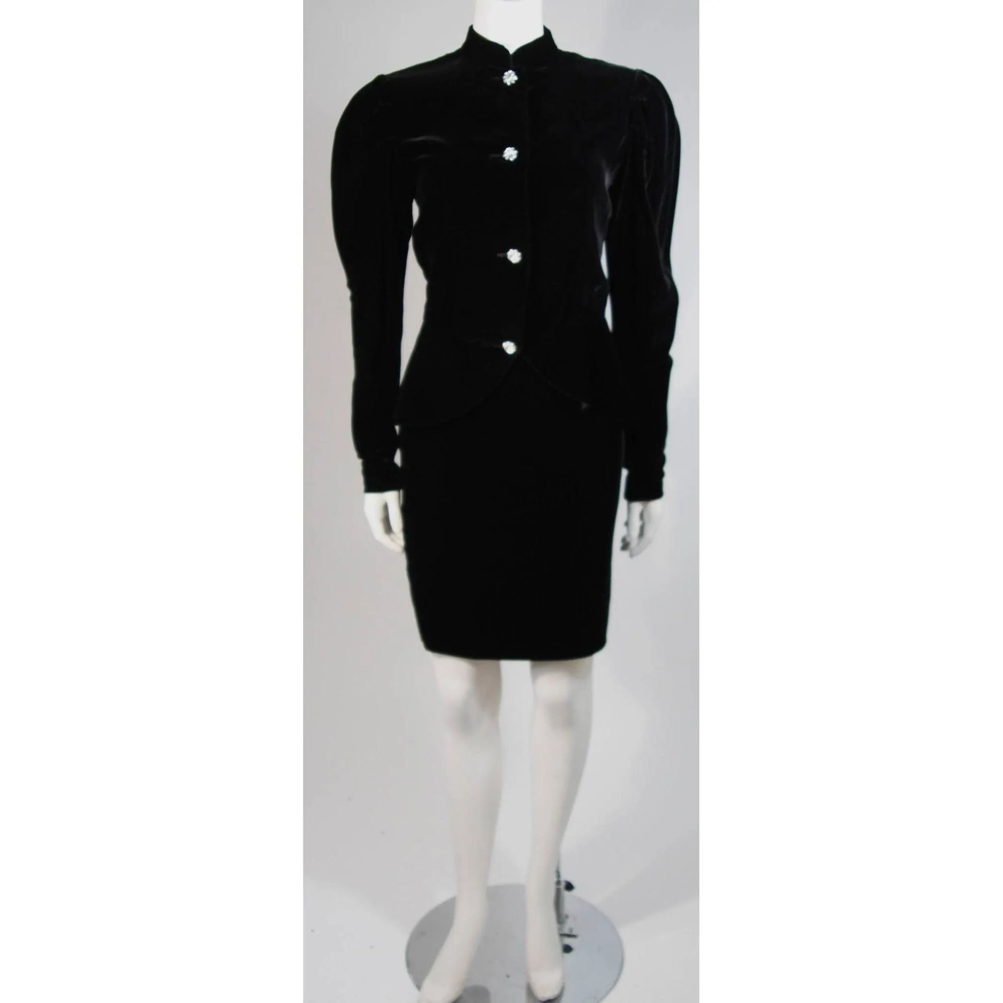 VICKY TIEL Velvet Black Skirt Suit with Rhinestone Buttons | Size S