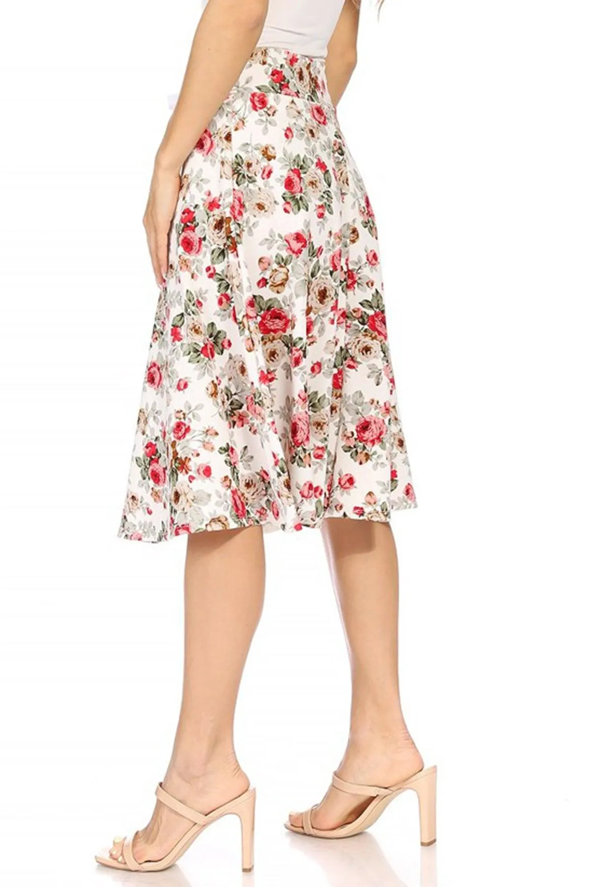 Women's Casual Floral A-line Printed High Waist Bow Tie Belted Knee Length Midi Skirt