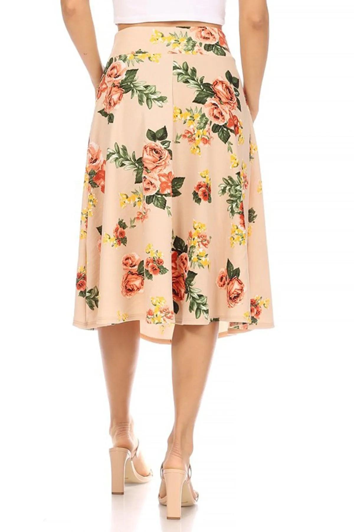 Women's Casual Floral A-line Printed High Waist Bow Tie Belted Knee Length Midi Skirt