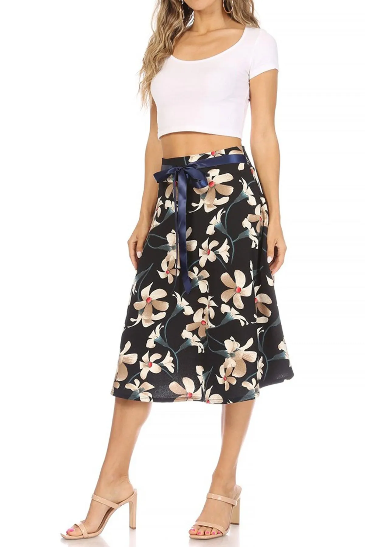 Women's Casual Floral A-line Printed High Waist Bow Tie Belted Knee Length Midi Skirt