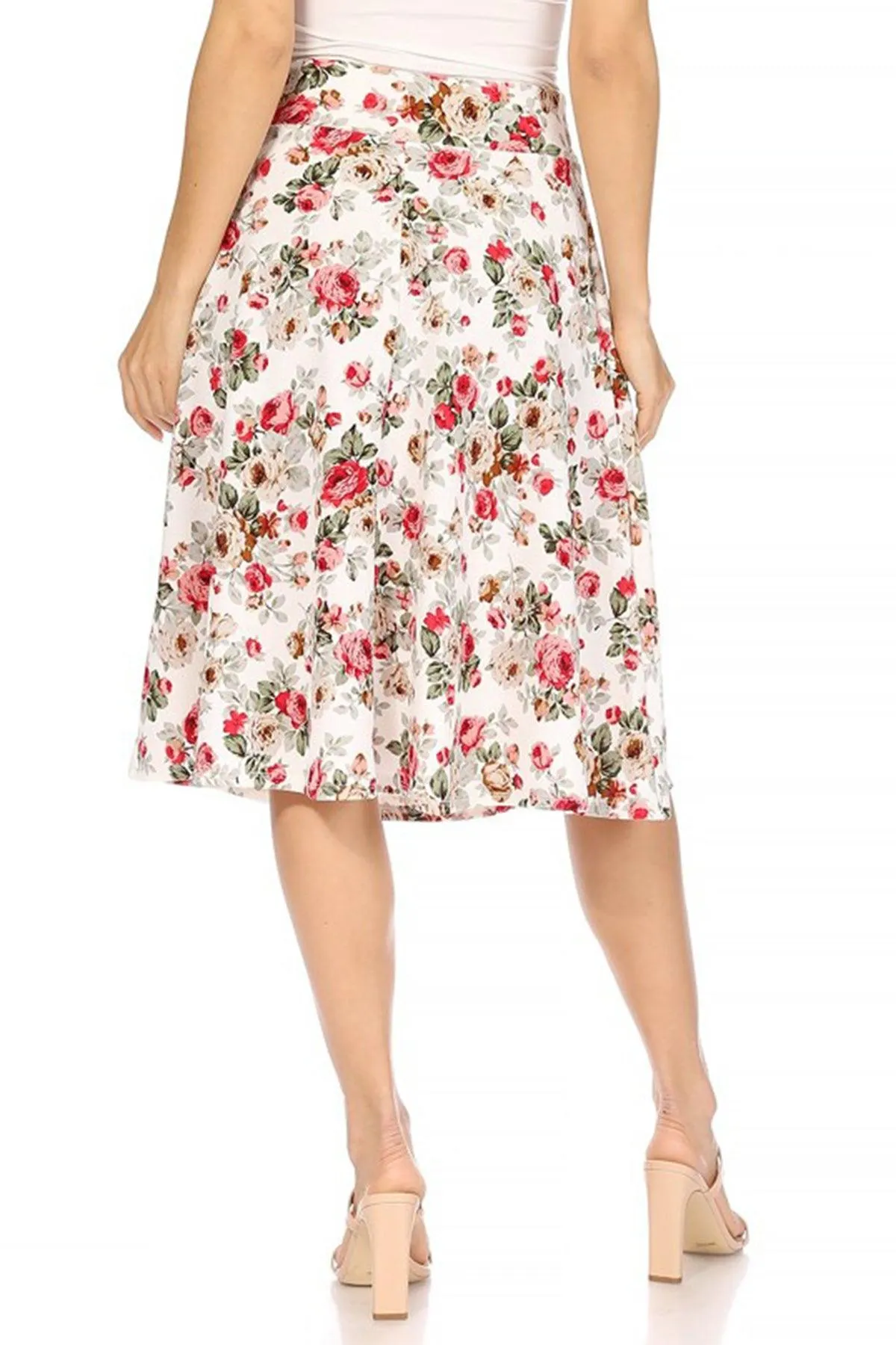 Women's Casual Floral A-line Printed High Waist Bow Tie Belted Knee Length Midi Skirt