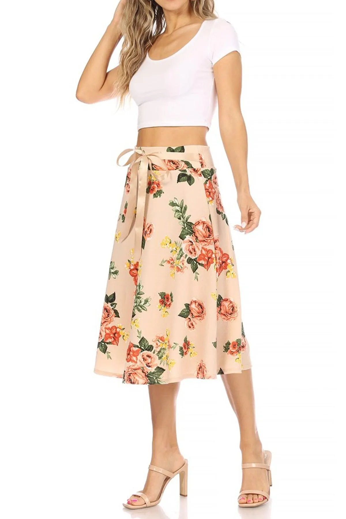 Women's Casual Floral A-line Printed High Waist Bow Tie Belted Knee Length Midi Skirt