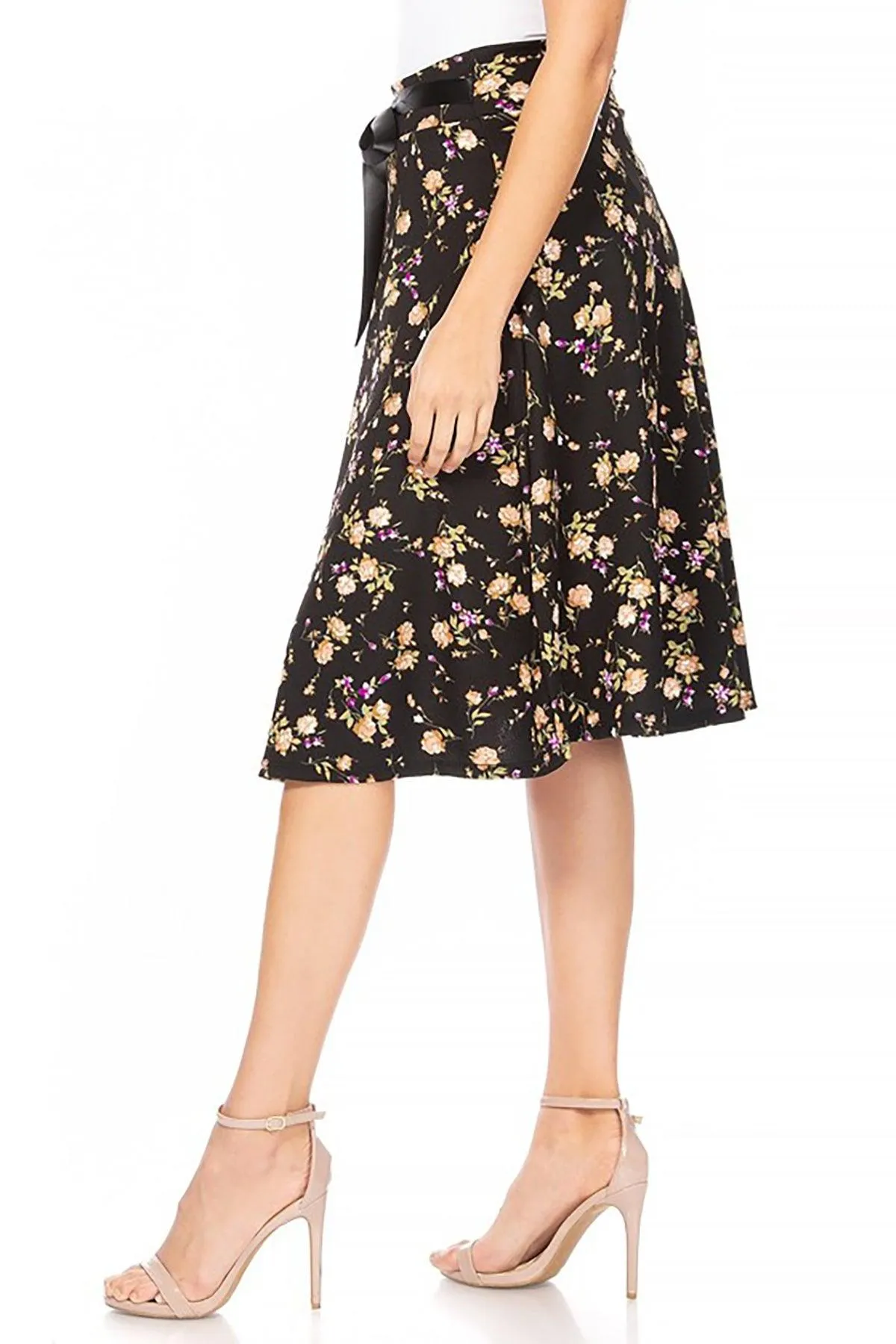 Women's Casual Floral A-line Printed High Waist Bow Tie Belted Knee Length Midi Skirt