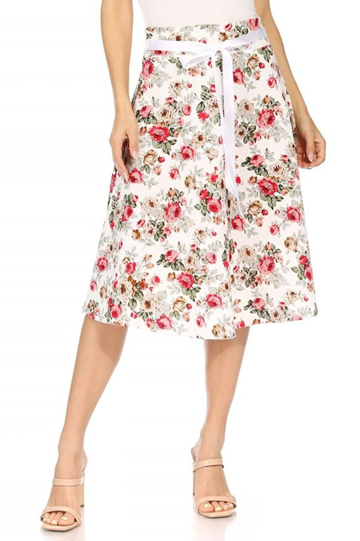 Women's Casual Floral A-line Printed High Waist Bow Tie Belted Knee Length Midi Skirt