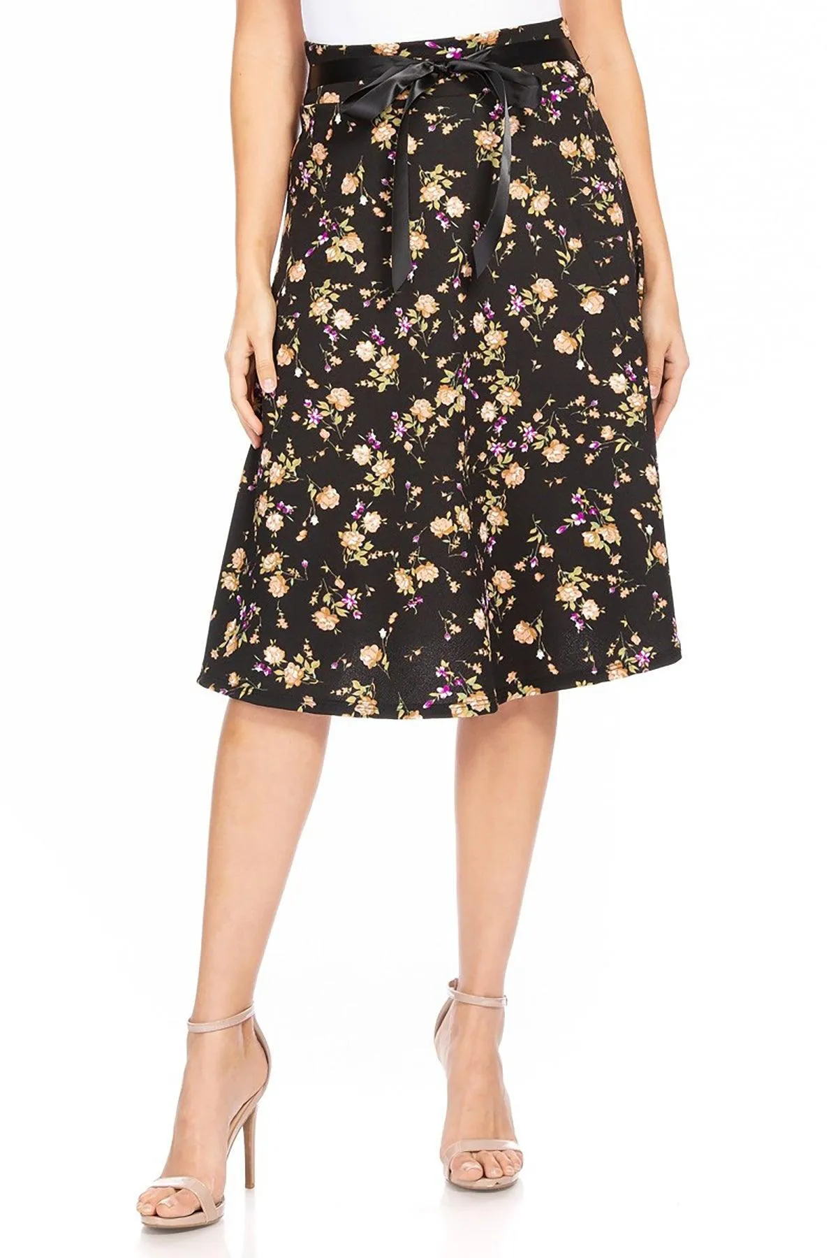 Women's Casual Floral A-line Printed High Waist Bow Tie Belted Knee Length Midi Skirt