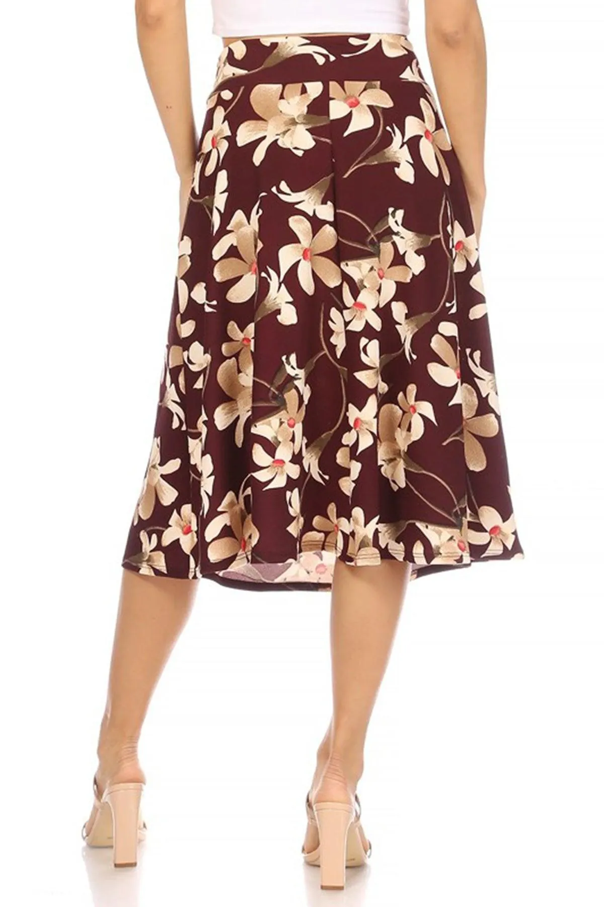 Women's Casual Floral A-line Printed High Waist Bow Tie Belted Knee Length Midi Skirt