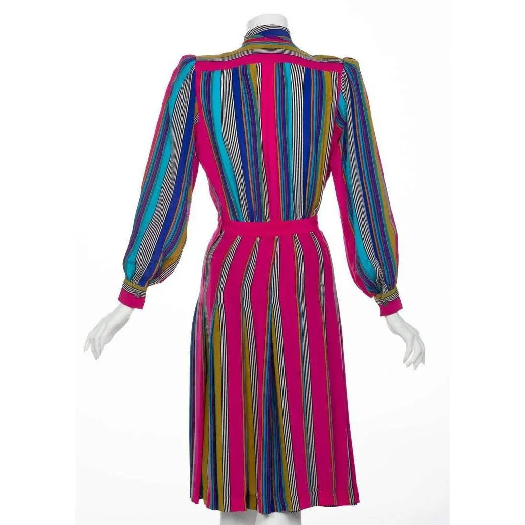 YVES SAINT LAURENT 1982 Multicolored Striped Silk Dress Documented YSL | Size L