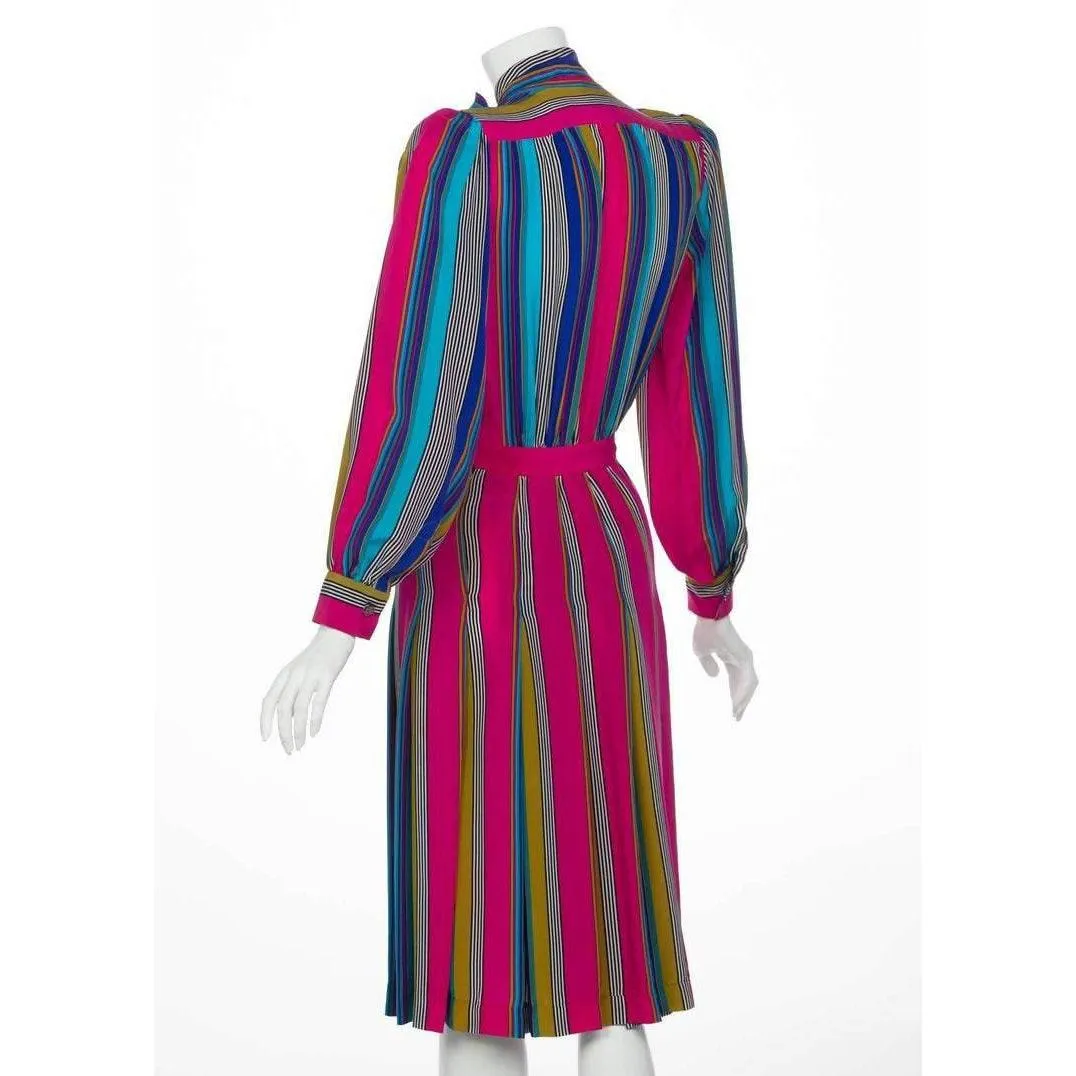 YVES SAINT LAURENT 1982 Multicolored Striped Silk Dress Documented YSL | Size L