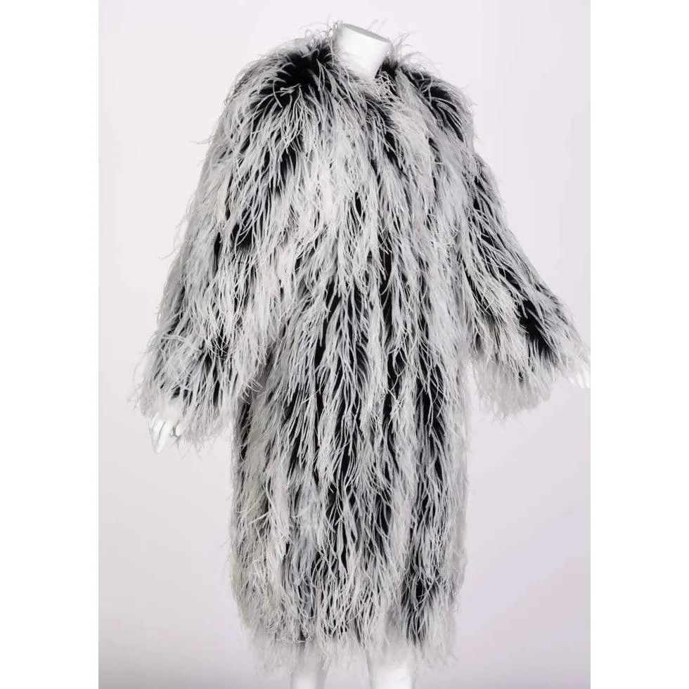 YVES SAINT LAURENT White & Black Ostrich Feather Coat | Size M/L